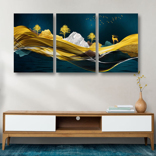 Golden Deer In Mountains Canvas Painting