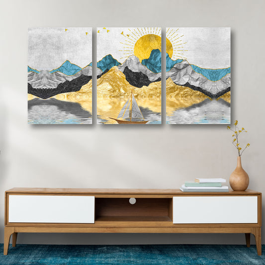 Golden Mountains & Boat Canvas Painting
