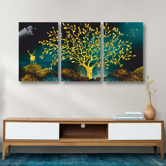 Golden Tree & Deer Canvas Painting