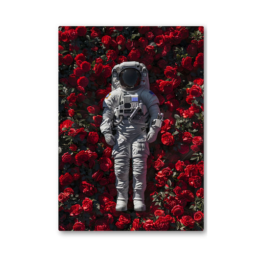 Astronaut in a spacesuit standing among red roses on a black background