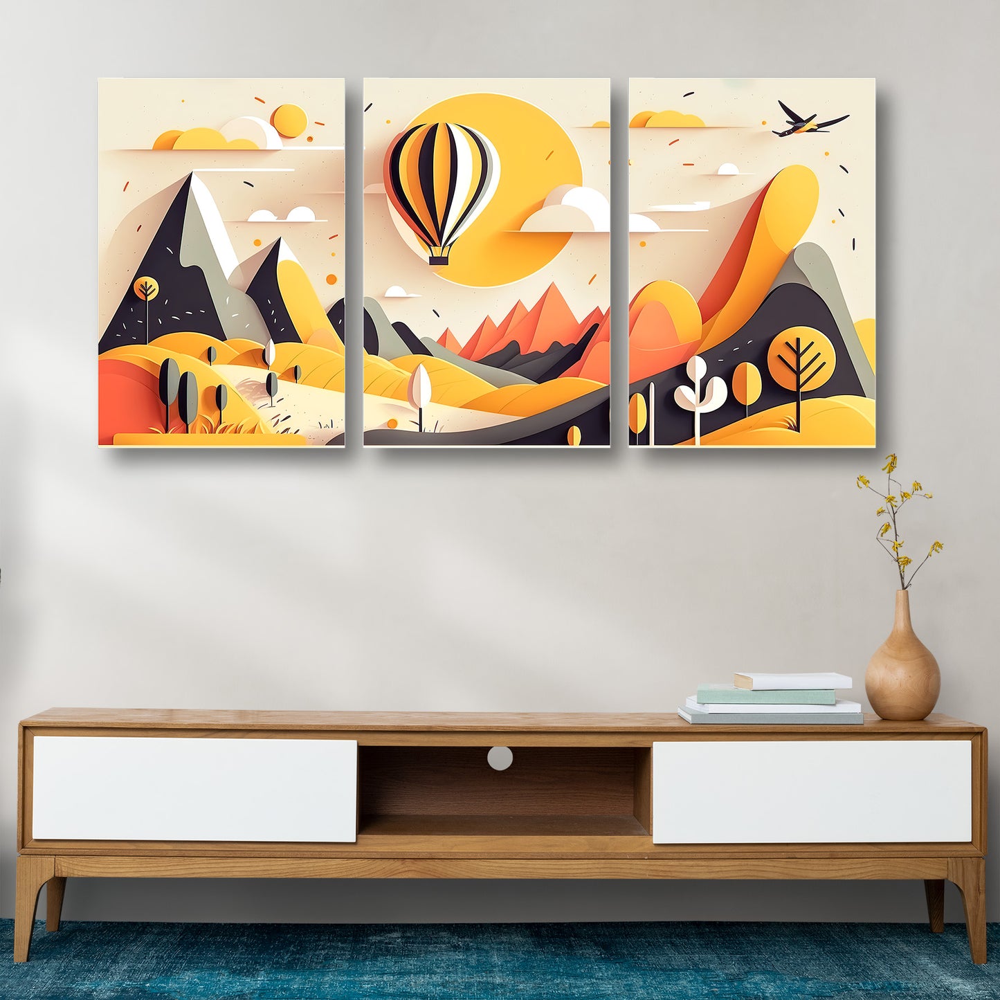 Yellow Mountain Landscape with Hot Air Balloon Canvas Painting