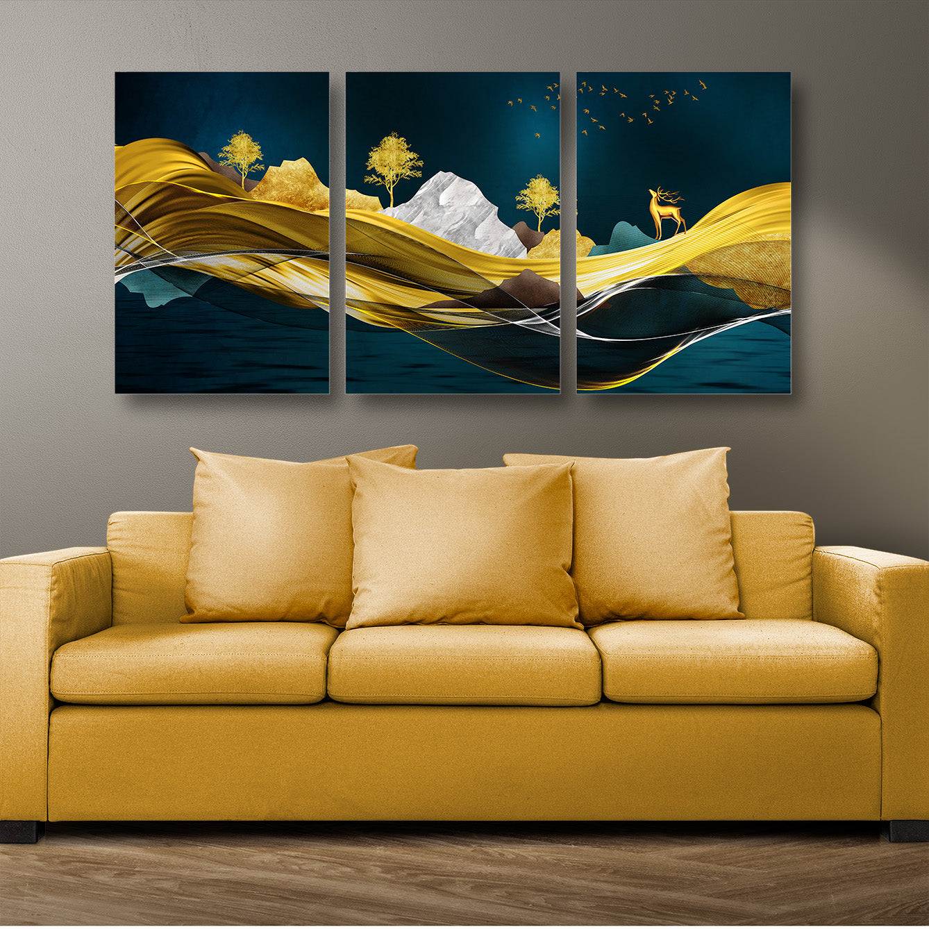 Golden Deer In Mountains Canvas Painting