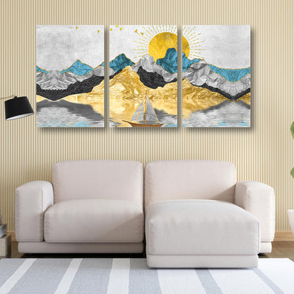 Golden Mountains & Boat Canvas Painting