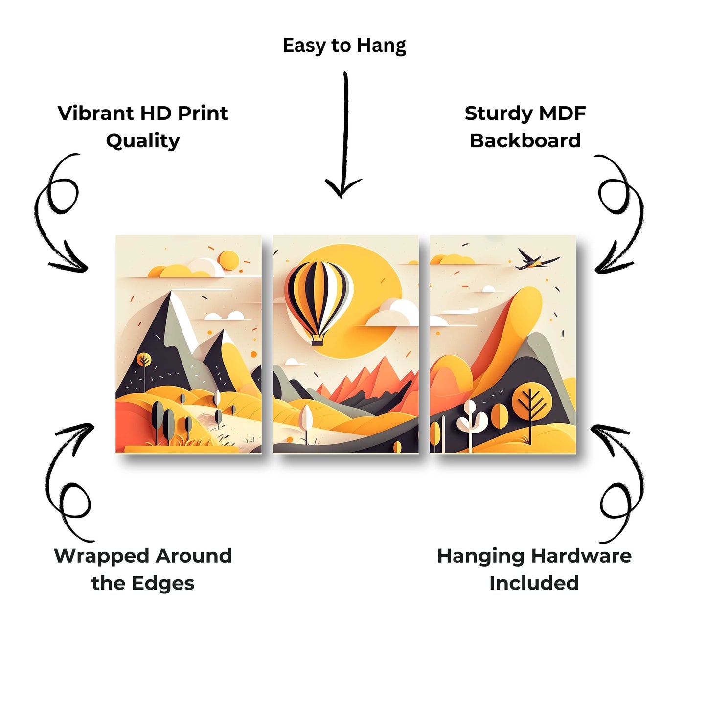 Yellow Mountain Landscape with Hot Air Balloon Canvas Painting
